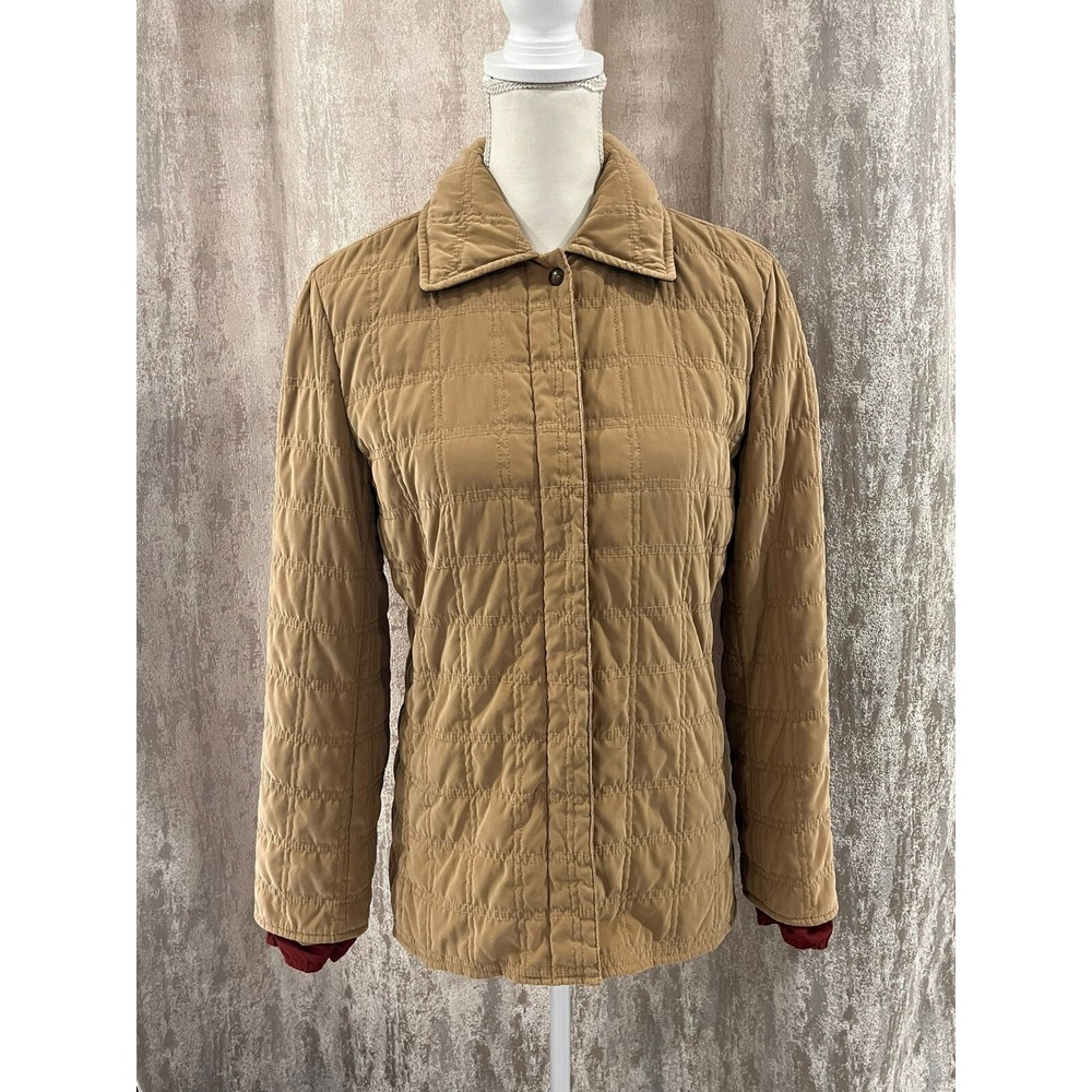 Faconnable Womens Tan Quilted Water Resistant Jacket Coat XS Hidden Snap Front